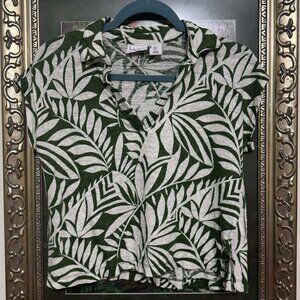 Nicole Miller Green & White Botanical Linen Blouse Size Medium